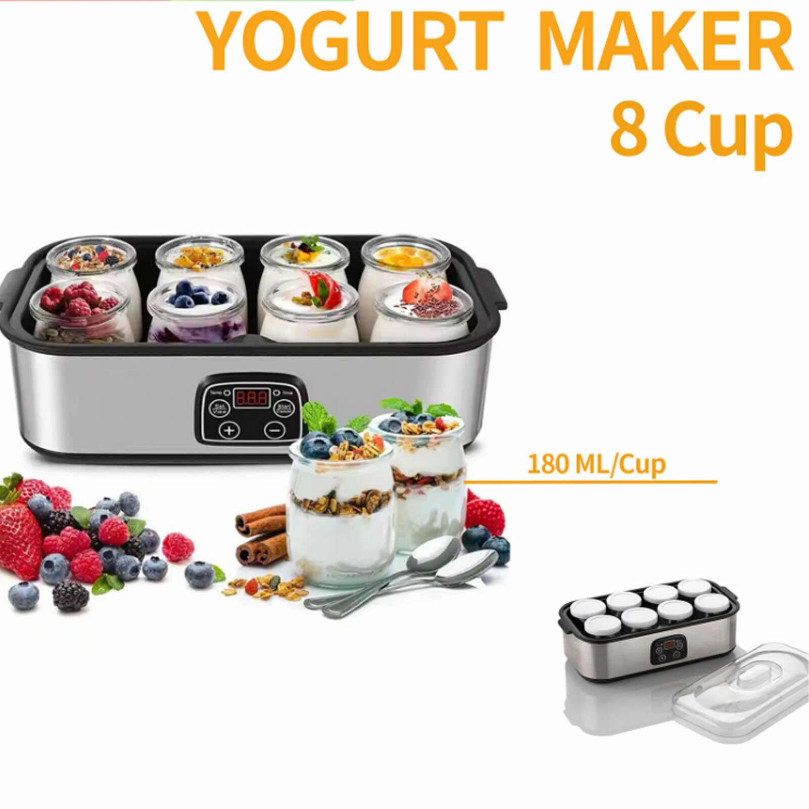 ヨーグルトメーカー 8カップ 温度調節 48時間タイマー LCD表示 自動 手作り 健康 ダイエット プレーン..