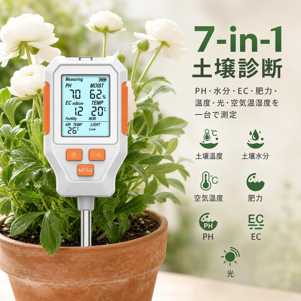 乐天商城 - 土壌測定器 7in1 多機能 デジタル PH計 土壌水分計 EC計 肥料計 温度計 照度計 空気温湿度計 高精度 園芸 家庭菜園 農業 果樹 温室 プロ用 折りたたみ 携帯 便利 人気