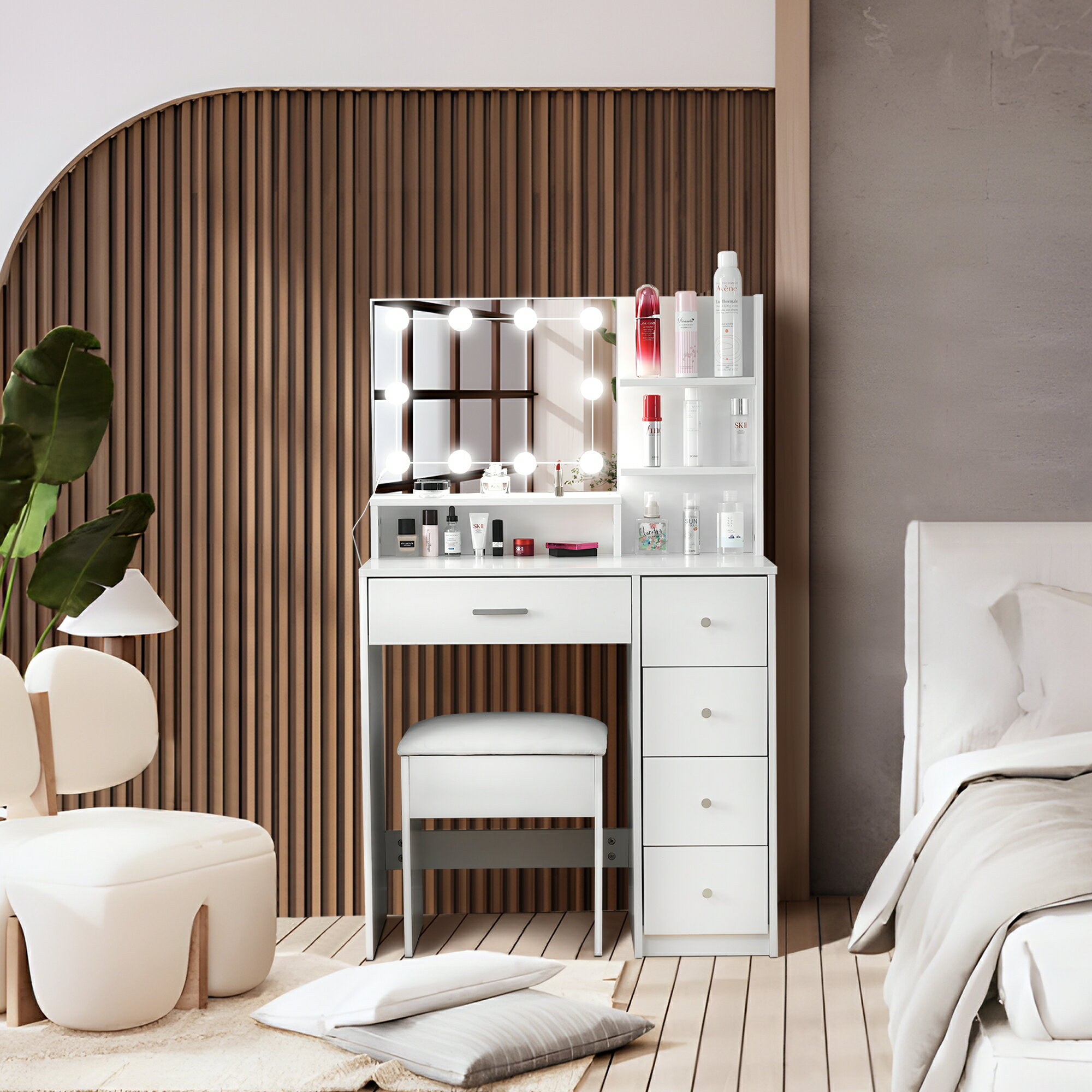 化粧台 ドレッサー LEDライト スツール付き 収納 メイク台 鏡台 寝室 リビング おしゃれ シンプル 大容量 可愛い ホワイト ナチュラル 引き出し サイド収納 コンパクト 北欧風 ミラー メイク ガーリー 人気 おすすめ 便利 省スペース 女性 ギフト プレゼント