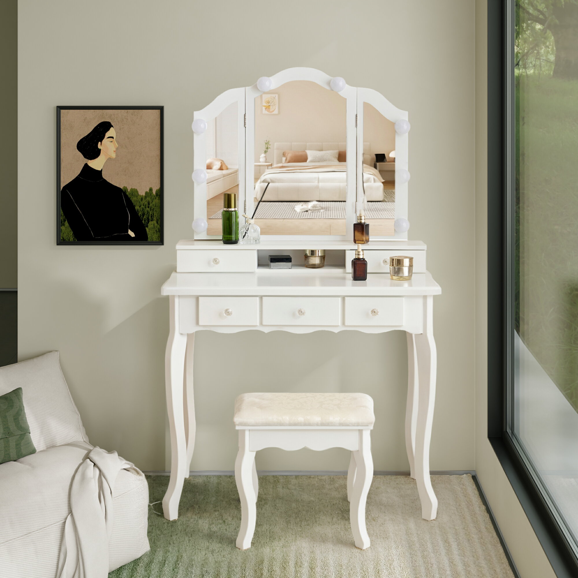 ドレッサー 化粧台 ライト付き 3色LED 女優ミラー 引き出し 椅子 セット 鏡台 メイク台 収納 サイド収..