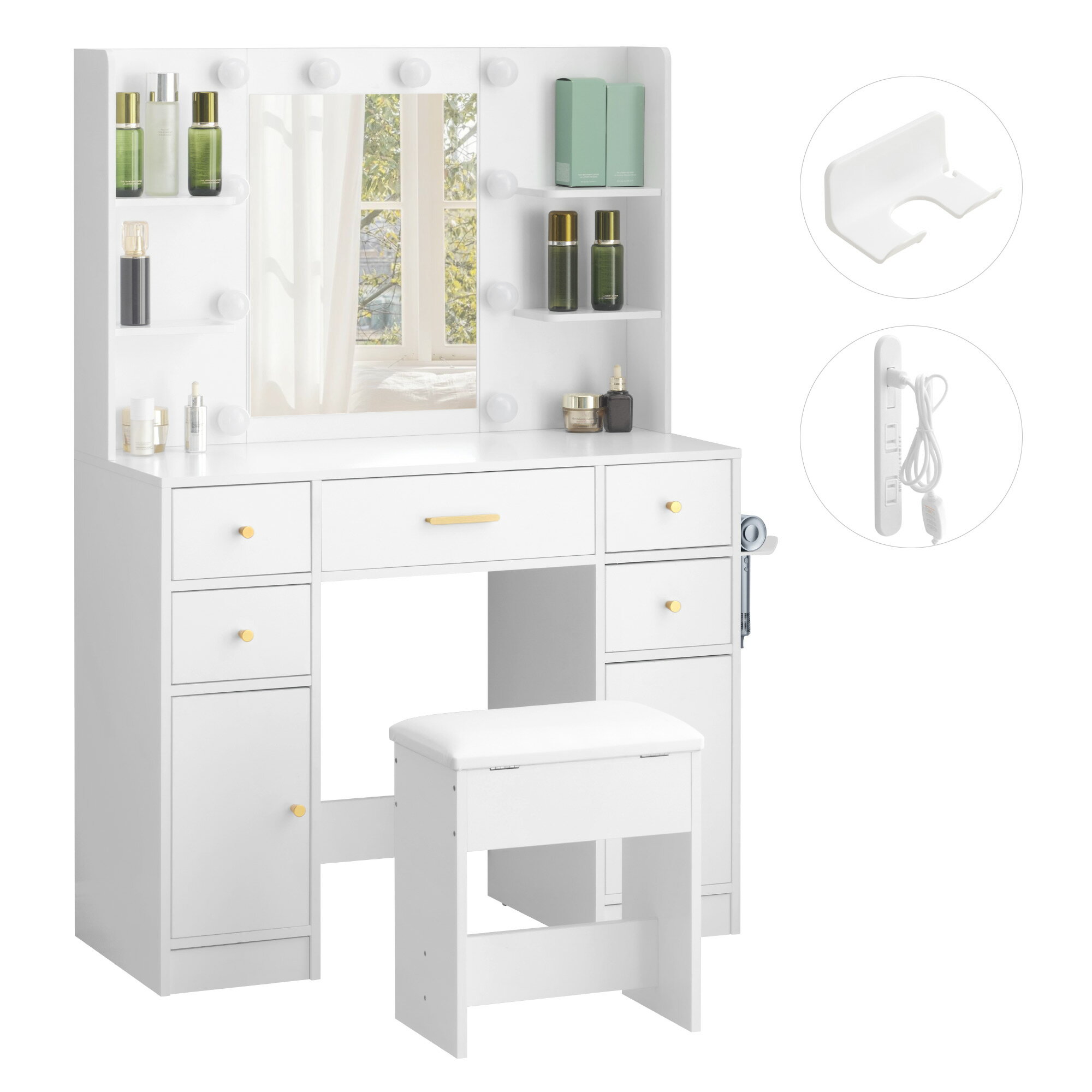 ドレッサー 化粧台 ライト付き 3色LED コンセント付き ドライヤーホルダー 女優ミラー 椅子 セット 鏡..