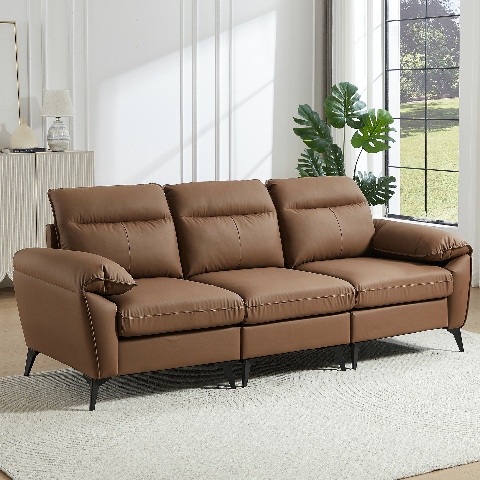 Bench Seat - 国内出荷！ソファー 3人掛け 幅205cm PUレザー 北欧 モダン リビングソファー ハイバック 応接室 オフィス キャメル ソファセット ソフトレザー 弾力 快適 コンパクト おしゃれ 耐久性 洗える ギフト プレゼント 新生活 ファミリー くつろぎ リビング