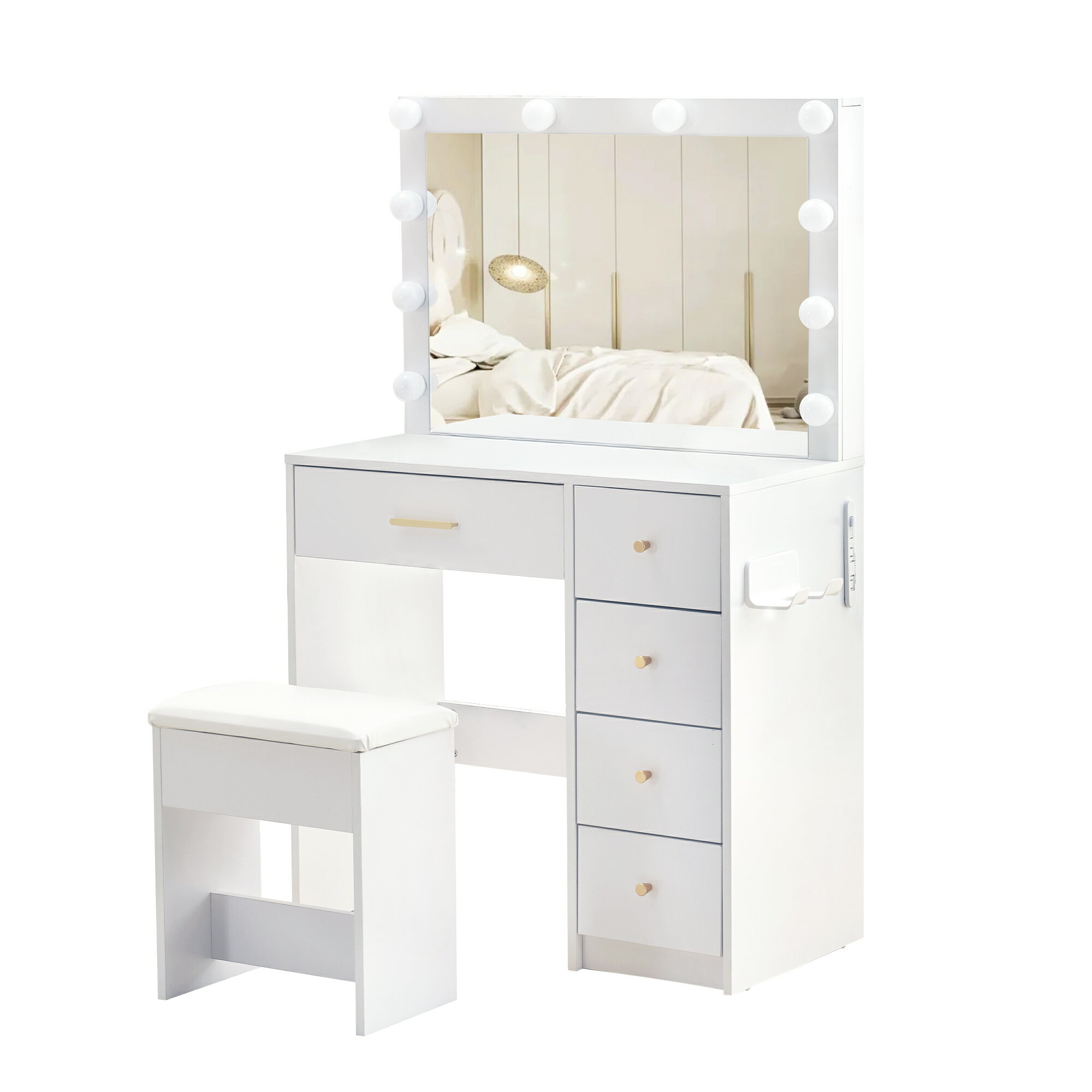 ★10%クーポン配布中★国内出荷！ドレッサー 化粧台 鏡台 ライト付き 3色LED ドライヤーホルダー コンセント付き 女優ミラー 椅子セット 引き出し サイド収納 メイク台 大容量収納 シンプル おしゃれ 可愛い 一人暮らし アパート 寝室 収納家具 コンパクト 化粧品収納 鏡