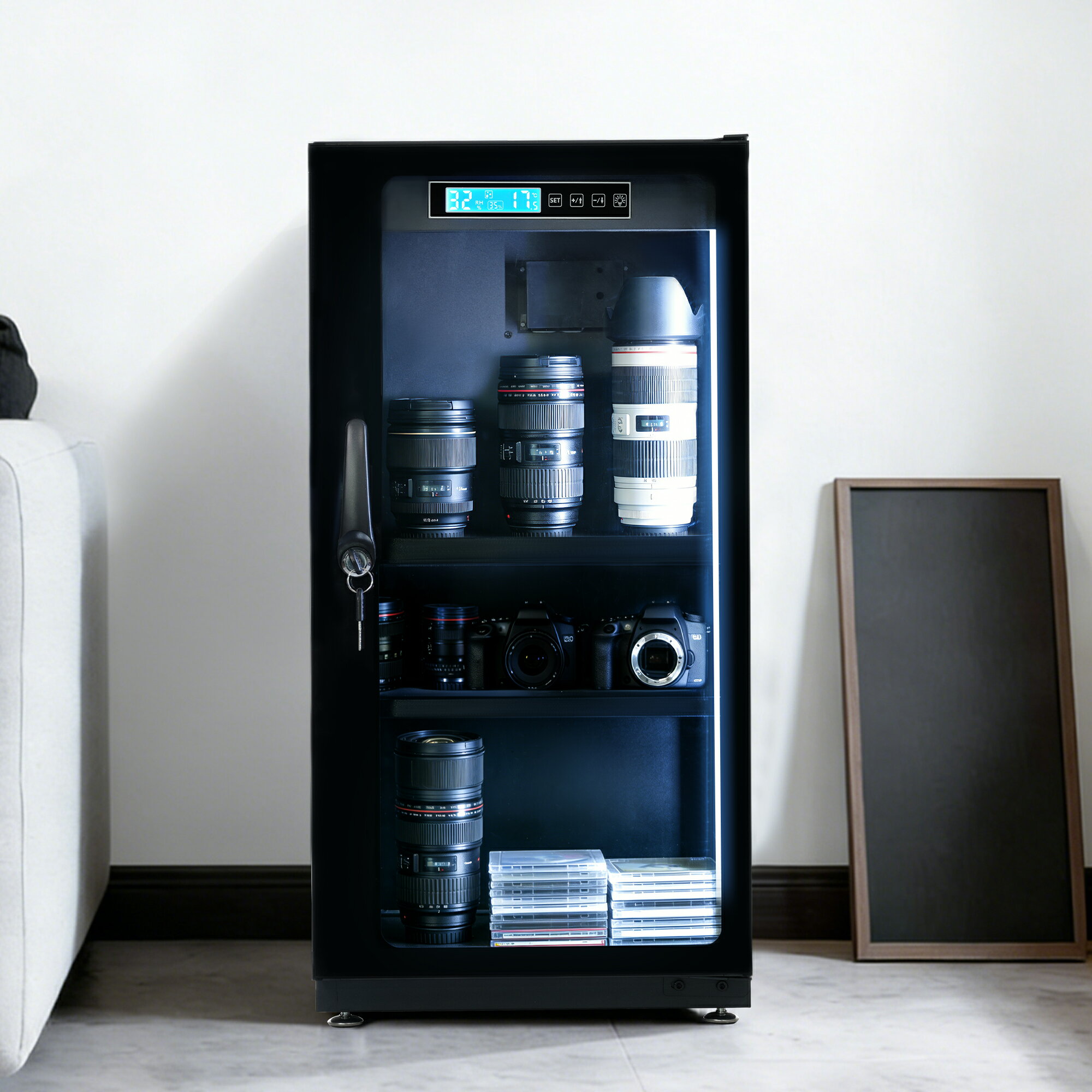 防湿庫 65L 自動除湿 ブラック カビ対策 鍵付き LED照明 ドライボックス 静音 ECO省エネ デジタル温湿..