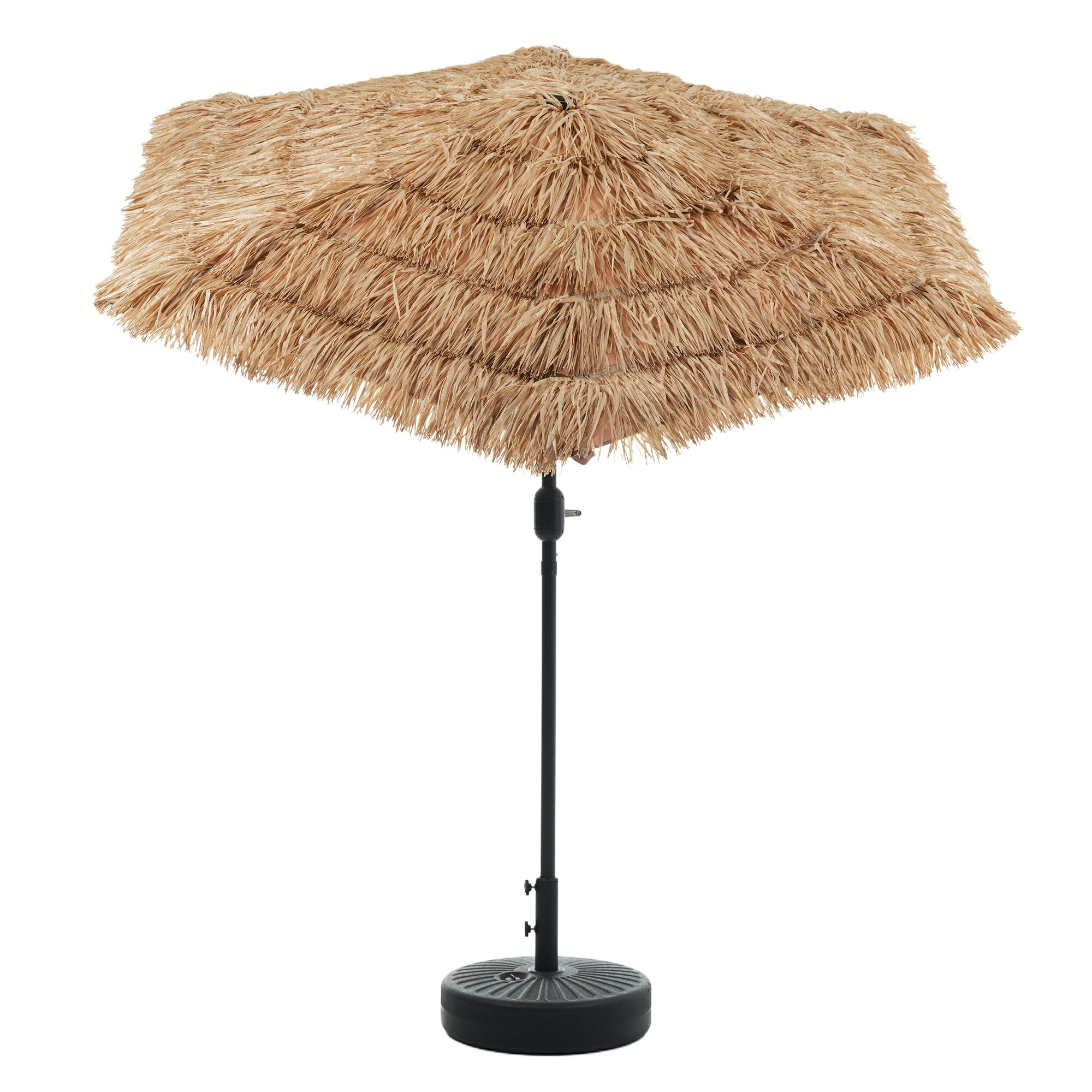 【どこでもハワイ気分！】 庭、ビーチ、プールサイド、キッチンカーなど、気分やシーンに合わせていつでも活躍。 【角度調整も簡単】 ボタンを押すだけで最大17度まで傘の角度を調整可能。 太陽の向きに合わせて直射日光を避けながら、快適にくつろげます。 【紫外線・雨対策】 傘生地はUVカット加工（30+ UPF）で紫外線をしっかり防止。 わら調PE素材で自然な風合いと耐久性を両立。 撥水加工で急な雨でも安心。（※完全防水ではありません） 【大型サイズでしっかり日陰】 傘径約220cmの大型サイズで、広い日陰を作り、複数人でも快適に使用可能。 【強風にも強い6本リブ＆太柱設計】 太い支柱と6本のリブで風に強く、粉体塗装の金属フレームで錆びにくく長期間使用可能。 【簡単開閉＆コンパクト収納】 回転式レバーでスムーズに開閉。 二段式デザインでポールを取り外し可能、持ち運びや収納も便利です。 【注意事項】：・当店でご購入された商品は、原則として、「個人輸入」としての取り扱いになり、中国からお客様のもとへ直送されます。 ・通関時に関税・輸入消費税が課税される可能性があります。 ・課税額はご注文時には確定しておらず、通関時に確定しますので、商品の受け取り時に着払いでお支払いください。詳細はこちらご確認下さい。 ・個人輸入される商品は、全てご注文者自身の「個人使用・個人消費（日本に居住する者に寄贈される物で、当該寄贈を受ける者の個人的な使用に供される場合を含みま す。）」が前提となります。第三者への譲渡・転売が法令で禁止されるもの（医薬品、医薬部外品、化粧品等を含みますが、これに限られません。）もございますのでご注意下さい。 ・一部商品は国内の提携先倉庫から配送されます。 ・国内配送の商品は国内でのお買い物と同じく消費税が発生いたします。関税はかかりません。 ＊色がある場合、モニターの発色の具合によって実際のものと色が異なる場合がある