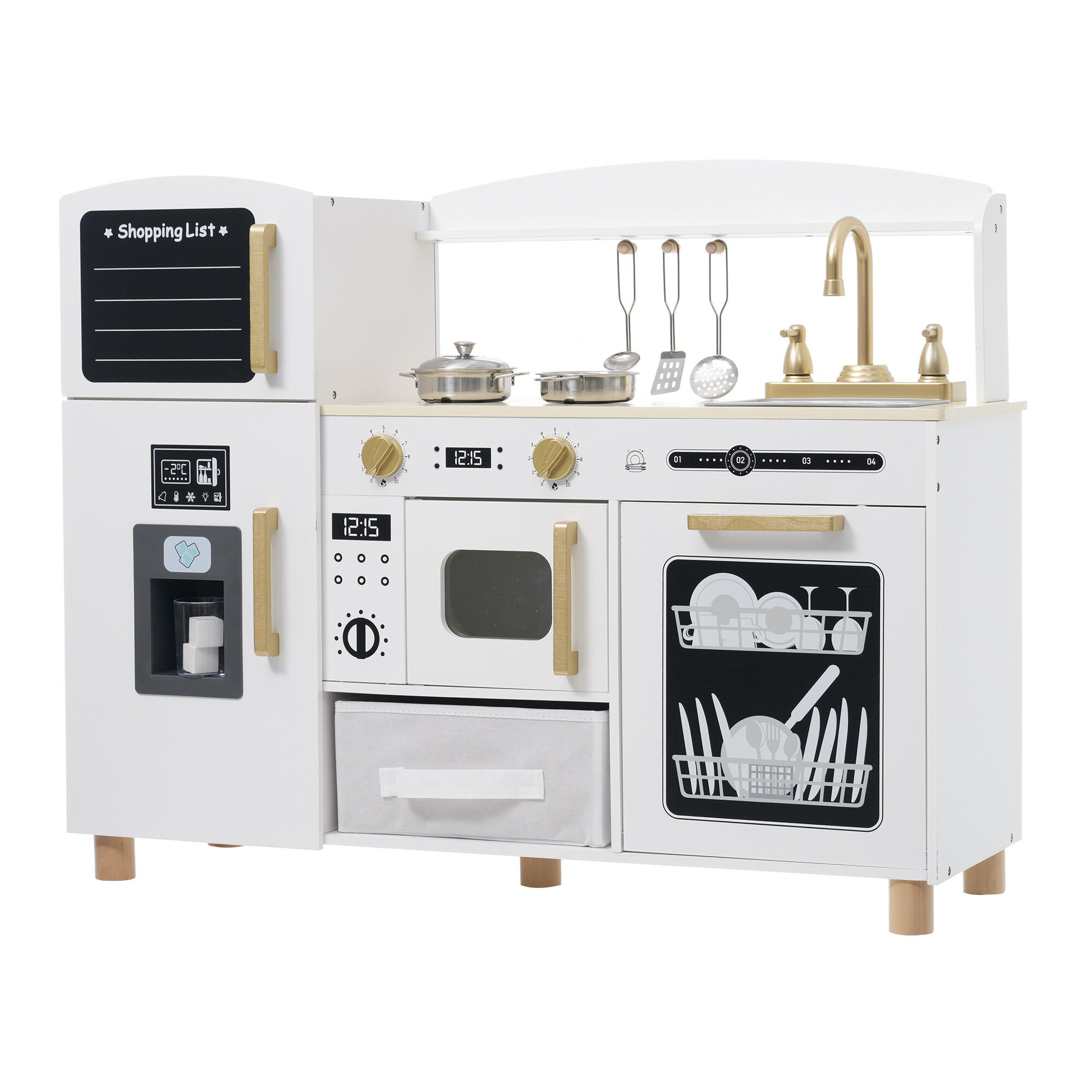 Rakuten - おままごとキッチン 木製 ホワイト 絵描きキッチン 冷蔵庫 電子レンジ 製氷機 調理器具付き 知育玩具 子供用 キッズ ベビー 台所おもちゃ ままごとセット 誕生日プレゼント クリスマスプレゼント ごっこ遊び 収納付き 安全 おしゃれ 人気 便利 学習 成長 プレゼント ギフト