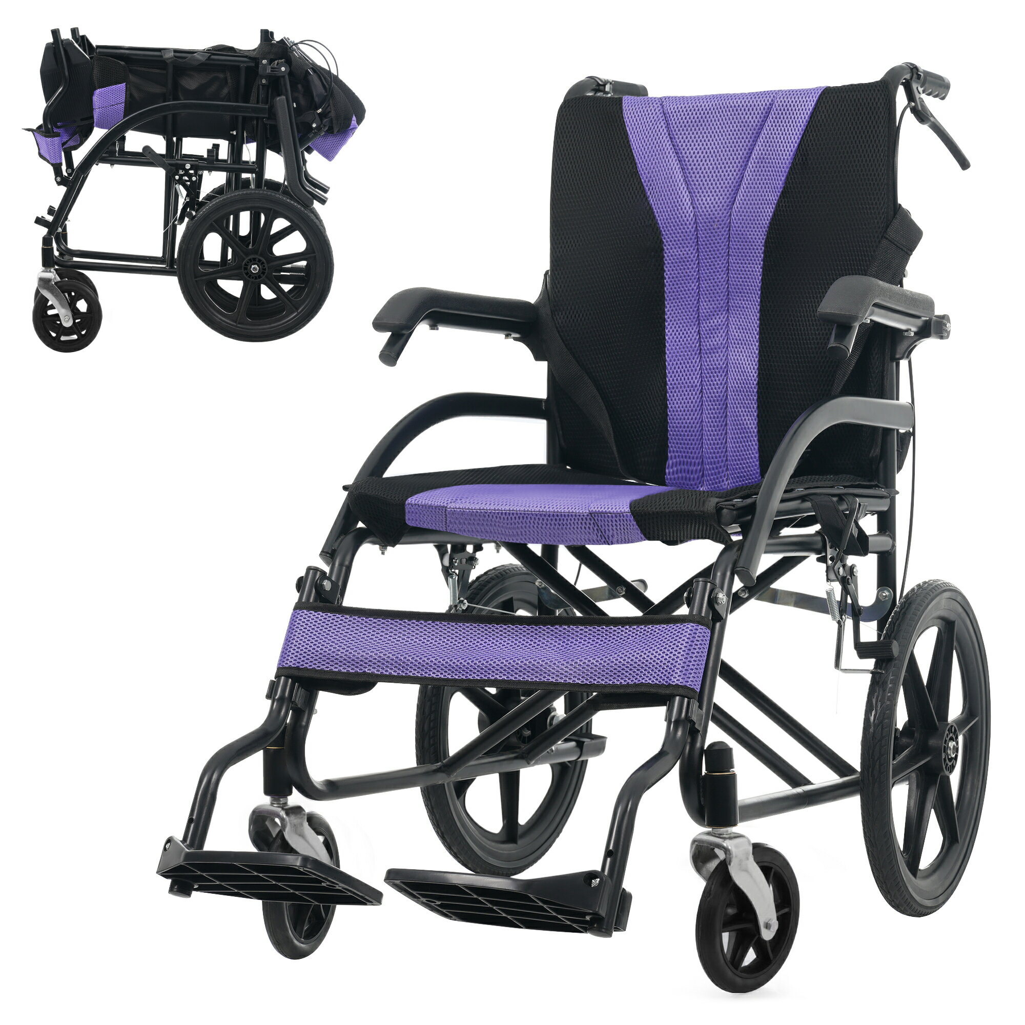 ★10%クーポン配布中★国内出荷！車椅子 折りたたみ 介助型 軽量 ノーパンクタイヤ 安全ベルト 背面ポケット 介護 福祉用具 外出用 コンパクト 収納可能 自立 ブラック パープル 高齢者 シニア 医療用具 ギフト プレゼント 家庭用 介護用品 介護椅子 ケア リハビリ