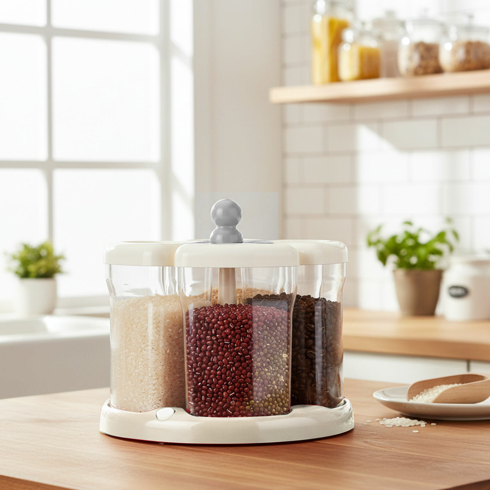 Rakuten - 回転式米びつ 5分割収納 穀物ストッカー 食品保存容器 密閉容器 透明窓付き 360度回転 防湿 抗菌 大容量 キッチン収納 ライスディスペンサー 豆類 ペットフード保存 コンパクト 省スペース おしゃれ 便利 人気 プレゼント