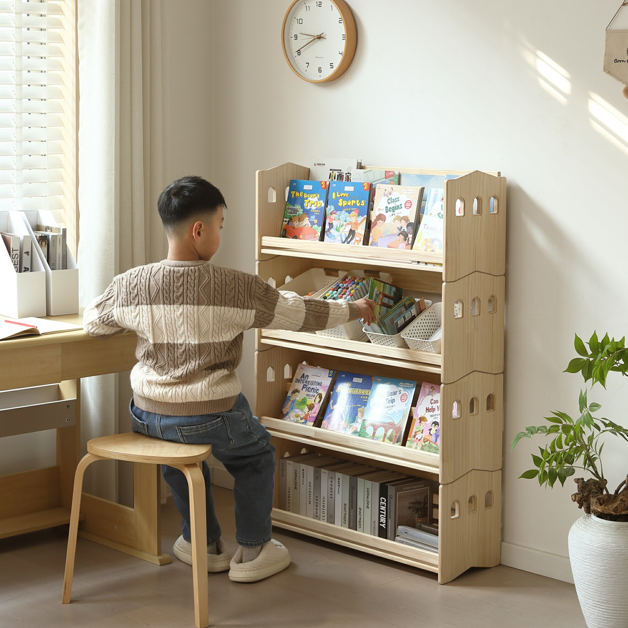 【絵本棚のみ-4段】組み合わせ自由自在 本棚 ブックシェルフ おもちゃ箱 天然木製 ...