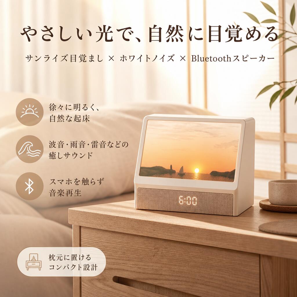 目覚まし時計 光 ライト付き 日出機能 ホワイトノイズマシン 自然音 7種類 スピーカー内蔵 Bluetooth対応 調光機能 ナイトライト 寝室 子供部屋 快眠グッズ プレゼント おしゃれ リモコン付き LED デジタル 北欧 かわいい 1