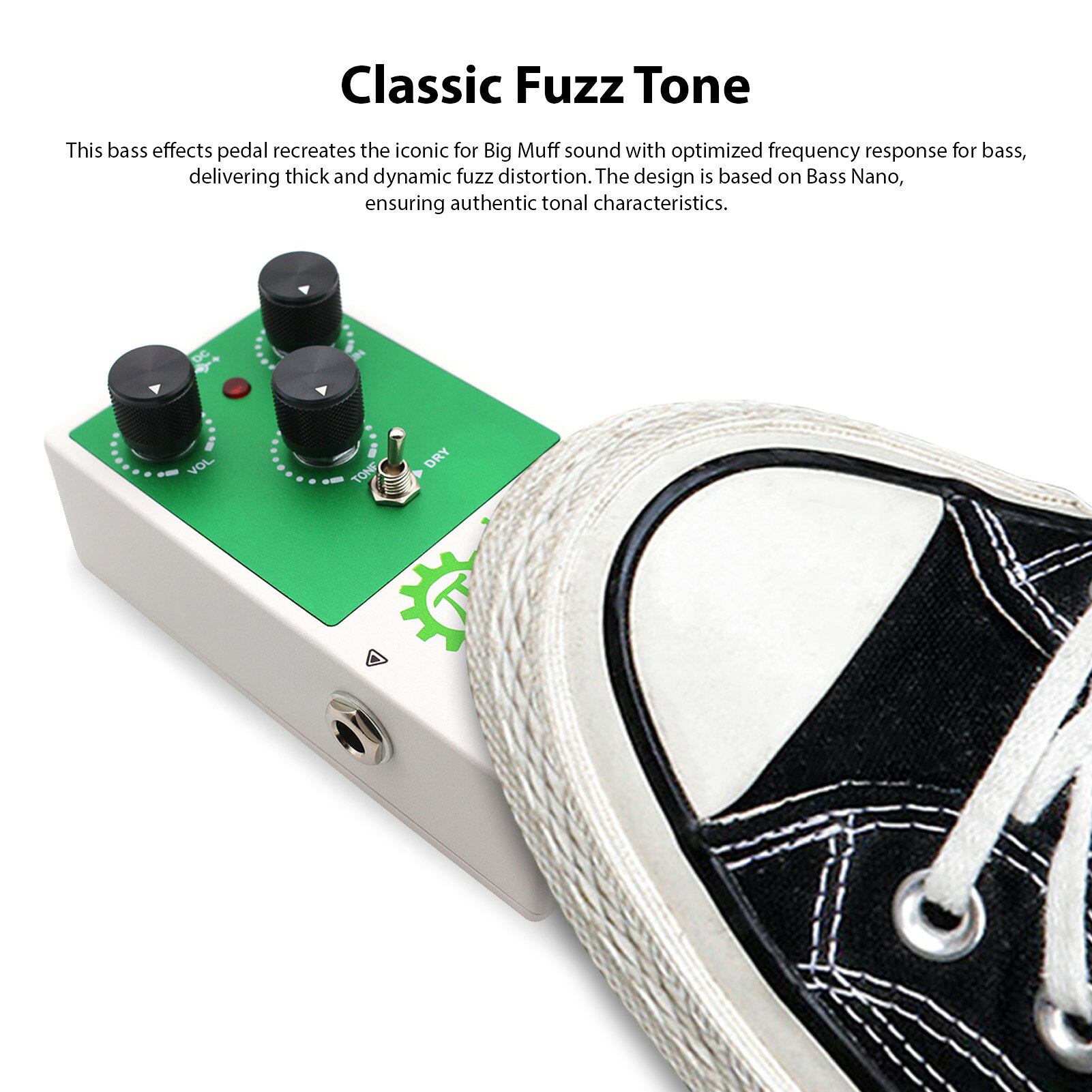 【伝説のBig Muffサウンドを再現】 Electro-Harmonix Bass Big Muff Nanoをベースに設計し、クラシックなファズサウンドを忠実に再現。ベース専用にチューニングされた周波数特性により、低音の迫力を保ちながら、厚みと存在感のあるファズトーンを実現します。 【自在なサウンドメイク】 SUSTAINノブでサステイン量と歪みの深さを調整し、TONEノブで高域から低域まで幅広い音色をコントロール。VOLノブでエフェクト音量を個別に調整でき、ジャンルや演奏スタイルに合わせた細かな音作りが可能です。 【DRYブレンド機能搭載】 DRYスイッチにより、クリーン音とファズサウンドのミックス、またはファズのみの出力を切り替え可能。ベース本来の低音やアタック感を維持しながら、存在感のある歪みを加えることができます。 【高い耐久性と安全設計】 過電流保護回路を内蔵し、電源電圧の変動によるダメージを軽減。9Vセンターマイナス仕様には逆接続防止設計を採用しており、初心者でも安心して使用できます。 【ライブでも使いやすいコンパクト設計】 視認性の高いLEDインジケーターを搭載し、明るいステージでもエフェクトのON/OFFを簡単に確認可能。滑りにくいフットスイッチとコンパクトな筐体により、エフェクターボードへの組み込みやライブ演奏にも最適です。 商品仕様 材質：アルミニウム 電源：DC9V（センターマイナス） 使用方法 ベースをINPUT端子に接続し、OUTPUT端子からアンプへ接続してください。9V DC電源を接続後、フットスイッチを踏むことでエフェクトのON/OFFを切り替えられます。 セット内容 エフェクター本体×1 ご注意 ・必ずセンターマイナス仕様の安定化9V DCアダプターをご使用ください。 ・安定化されていない電源や規定以上の電圧を使用すると、ノイズの増加や故障の原因となる場合があります。 ・電源アダプターは付属しておりません。 【注意事項】：・当店でご購入された商品は、原則として、「個人輸入」としての取り扱いになり、中国からお客様のもとへ直送されます。 ・通関時に関税・輸入消費税が課税される可能性があります。 ・課税額はご注文時には確定しておらず、通関時に確定しますので、商品の受け取り時に着払いでお支払いください。詳細はこちらご確認下さい。 ・個人輸入される商品は、全てご注文者自身の「個人使用・個人消費（日本に居住する者に寄贈される物で、当該寄贈を受ける者の個人的な使用に供される場合を含みま す。）」が前提となります。第三者への譲渡・転売が法令で禁止されるもの（医薬品、医薬部外品、化粧品等を含みますが、これに限られません。）もございますのでご注意下さい。 ・一部商品は国内の提携先倉庫から配送されます。 ・国内配送の商品は国内でのお買い物と同じく消費税が発生いたします。関税はかかりません。 ＊色がある場合、モニターの発色の具合によって実際のものと色が異なる場合がある