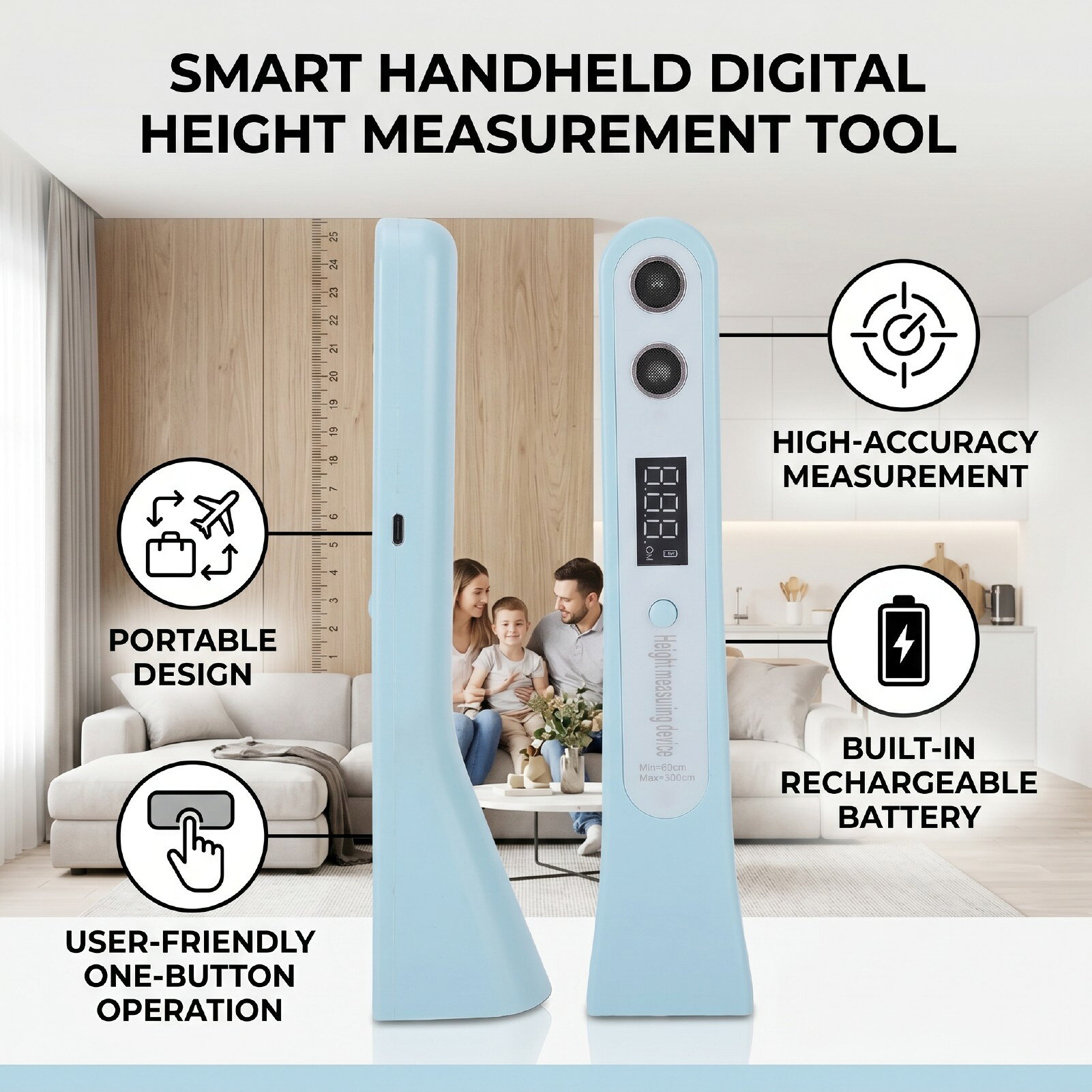 デコエーセの超音波身長計 ポータブル 高精度 デジタル ハンドヘルド スマート測定器 身長測定 スタジオ 収納 便利 人気 高品質 簡単操作 コンパクト 軽量 ギフト プレゼント 医療 健康管理 フィットネス｜アングル3
