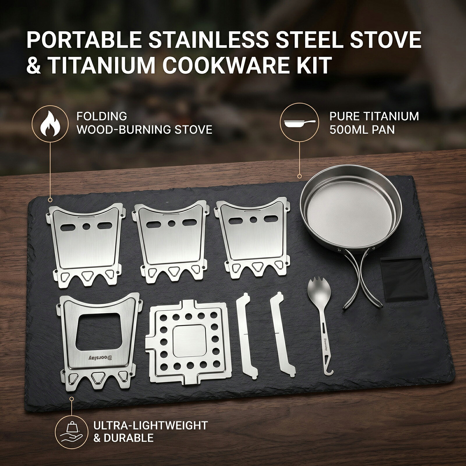 キャンプ調理器具セット ステンレス鋼 折りたたみ式薪ストーブ Ti フォーク スプーン 500ML Ti フライパン アウトドア キャンプ ハイキング ピクニック用 decoese-10001794 デコエーセ パッケージ画像