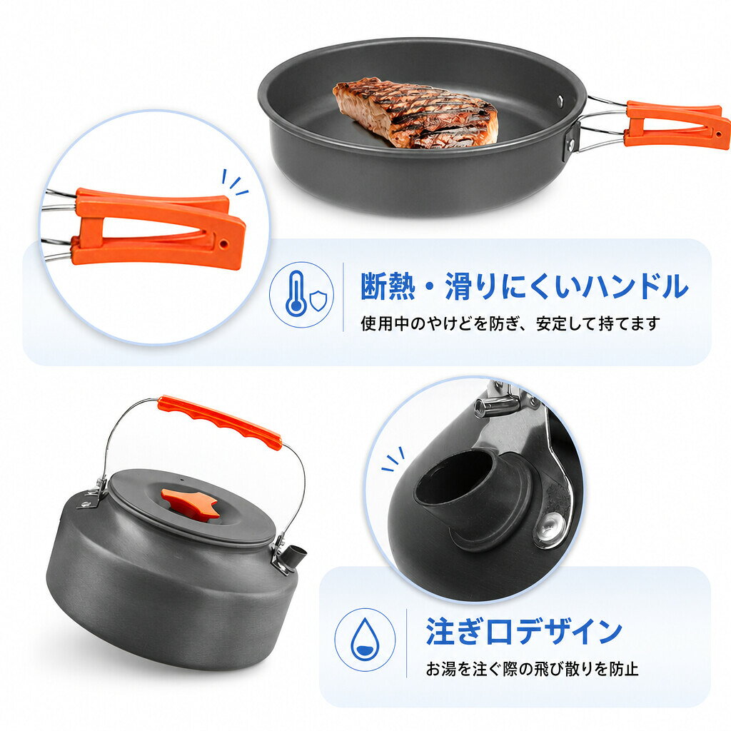 クッカーセット アウトドア キャンプ 6-8人用 大容量 吊り鍋 ケトル フライパン 食器セット テフロン加工 耐摩耗性 コンパクト収納 携帯便利 キャンプ用品 ハイキング ピクニック BBQ 防災 緊急時 多機能 キャンプ道具 人気 decoese-10001398 デコエーセ サンプル画像3