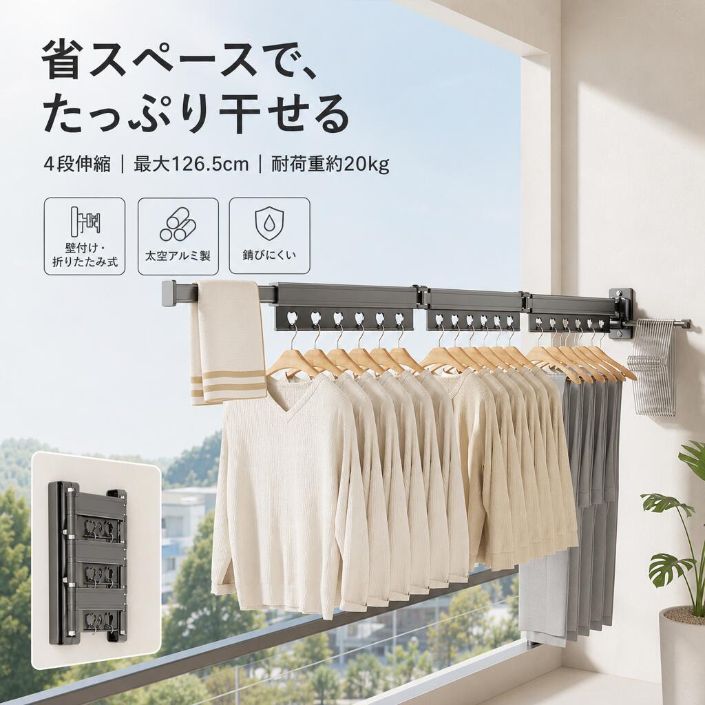 Rakuten - 壁掛け折りたたみ物干し アルミ製 省スペース ベランダ 室内 洗濯ハンガー バルコニー 浴室 脱衣所 マンション アパート 賃貸 収納 コンパクト 軽量 耐荷重 組み立て簡単 防錆 室内干し 布団 タオル 衣類 小物 雨天 梅雨 花粉 防災 非常用
