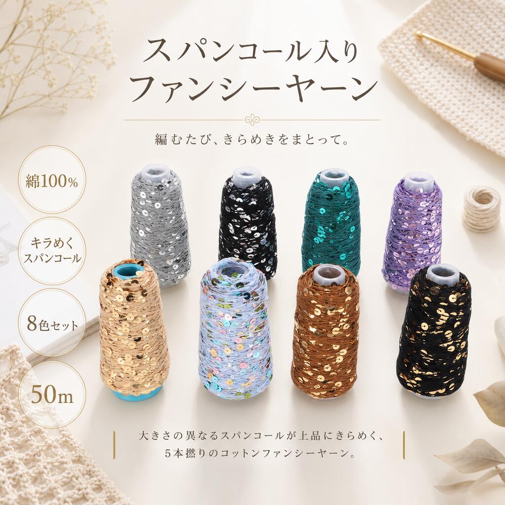 乐天商城 - スパンコール糸 輝く 綿糸 かぎ針編み 55ヤード 6mm 3mm 8色セット 編み物 DIY 手芸 プロジェクト スカーフ 帽子 セーター 人形 小物 ハンドメイド 毛糸 キラキラ おしゃれ 材料 プレゼント