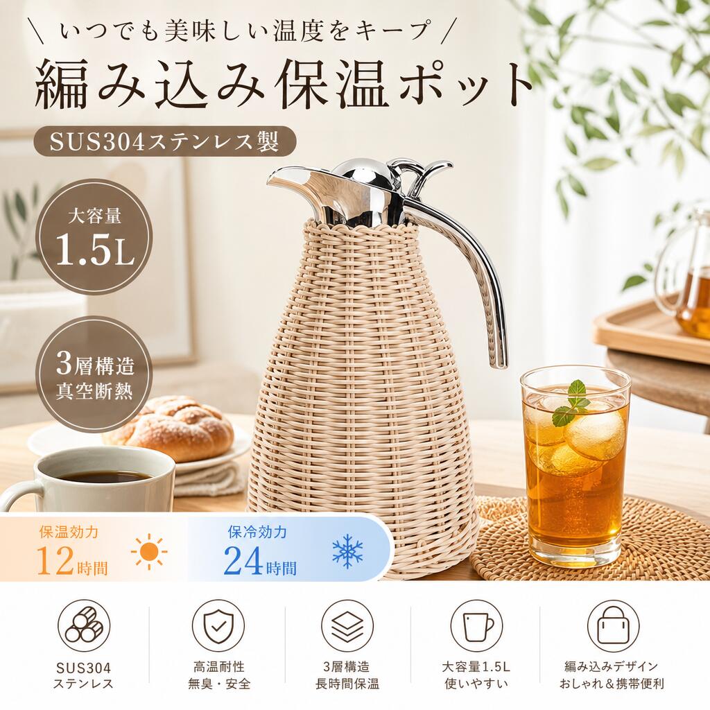 樂天商城 - 保温コーヒーポット 1.5L 12時間保温 24時間保冷 手編み籐 カラフェ ステンレス製 3層断熱 ポータブル キャンプ アウトドア おしゃれ インテリア ギフト 卓上 レストラン 自宅 オフィス 珈琲 紅茶 冷茶 おもてなし 朝食 省エネ プレゼント ティーポット 寒い日 暑い日 車中泊
