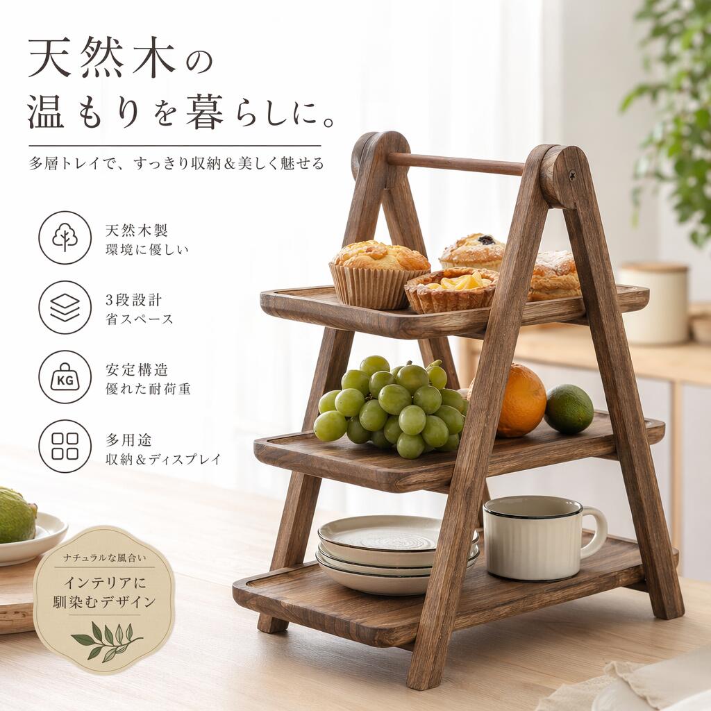 乐天商城 - 木製 3段 サービストレイ カップケーキスタンド お菓子 ディスプレイスタンド 無垢材 ナチュラル 収納 リビング キッチン ダイニング インテリア おしゃれ ケーキ おもてなし パーティー アンティーク 雑貨 北欧 プレートスタンド 卓上 小物収納 ギフト ウッド 誕生日