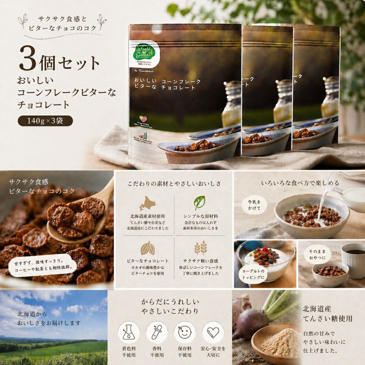 日食 Feel&Green コーンフレーク チョコレート ビター 140g×3袋 シリアル 朝食 食物繊維 まとめ買い