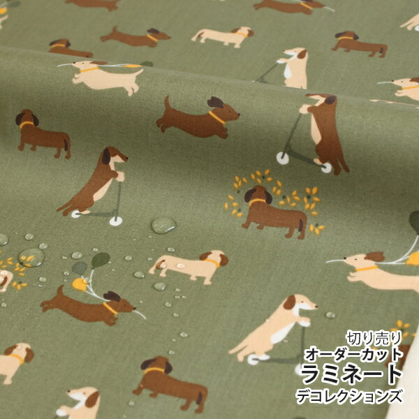 生地 布 入園入学 北欧風ラミネート生地/幅103cm≪ Playing Dachshund - Jolly good ≫【10cm単位販売】【動物】【緑】犬 ダックスフント かわいい デコレクションズオリジナル 韓国 ビニールコーティング ビニコ