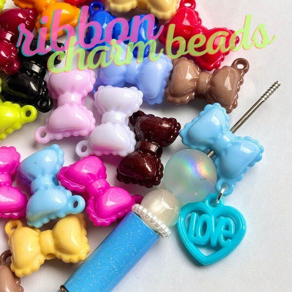 Rakuten - ぷっくり リボン フリル カン付き ビーズ スペーサー キーホルダー チャーム ハンドメイド ネックレス キッズアクセサリー デコパーティ 2143