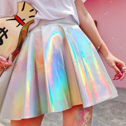 【3日以内に発送】オーロラカラーがスペースちっくなエコレザーフレア&プリーツミニスカート原宿系ファッションレディースゆめかわいい服奇抜派手個性的ダンス衣装コスチュームヒップホップ韓国大きいサイズ180222