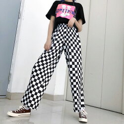 【3日以内に発送】サテンストレッチ素材のブロックチェック柄ストレートワイドパンツ原宿系ファッションレディースゆめかわいい服奇抜派手個性的ダンス衣装コスチュームヒップホップ韓国大きいサイズ180110
