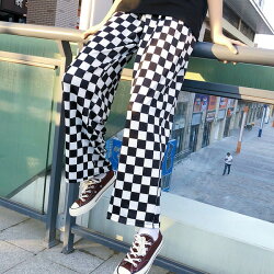 【3日以内に発送】サテンストレッチ素材のブロックチェック柄ストレートワイドパンツ原宿系ファッションレディースゆめかわいい服奇抜派手個性的ダンス衣装コスチュームヒップホップ韓国大きいサイズ180110