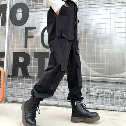 【3日以内に発送】ハードでメンズ感たっぷりのドロストブラックカーゴパンツ原宿系ファッションレディースゆめかわいい服奇抜派手個性的ダンス衣装コスチュームヒップホップ韓国大きいサイズ190213
