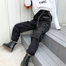 【3日以内に発送】ハードでメンズ感たっぷりのドロストブラックカーゴパンツ原宿系ファッションレディースゆめかわいい服奇抜派手個性的ダンス衣装コスチュームヒップホップ韓国大きいサイズ190213