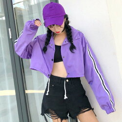 ラインパープルワイドシルエットショート丈長袖シャカシャカブルゾン原宿系ファッションレディースゆめかわいい服奇抜派手個性的ダンス衣装コスチュームヒップホップ韓国大きいサイズ【お取り寄せ注文可能】