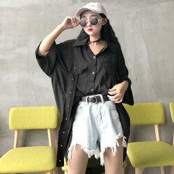 【即納】ロングテールビッグシルエットアシンメトリー半袖ハトメベルトシャツブラウス原宿系ファッションレディースゆめかわいい服奇抜派手個性的ダンス衣装コスチュームヒップホップ韓国大きいサイズ190424
