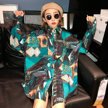 【即納あり】柄シャツ ブラウス 長袖 配色 総柄 幾何学模様 絵画 アート ビッグシルエット ダンス 衣装 ヒップホップ コスチューム 韓国 ファッション 大きいサイズ 個性的 服 原宿系