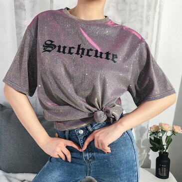 キラキラ ラメ カットソー ロゴ テキスト ビッグシルエット 派手 tシャツ トップス ダンス 衣装 ヒップホップ コスチューム 韓国ファッション 大きいサイズ 個性的 服 原宿系