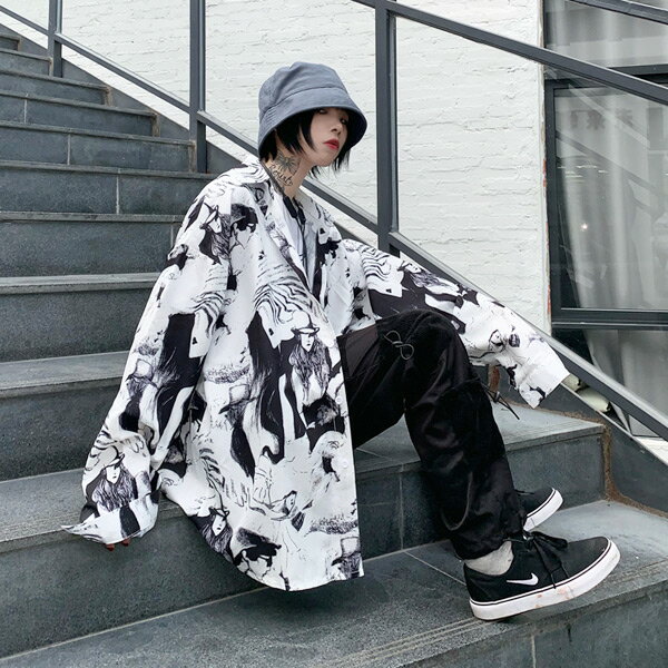 韓国 ストリート レディース ストリート系 ダンス衣装 ダンス ヒップホップ 衣装 ペイント 個性派 柄シャツ 長袖 ビッグシルエット コスチューム 個性的 トップス 服 4年保証 原宿系 韓国ファッション 大きいサイズ 総柄 モノトーン配色 ホワイト