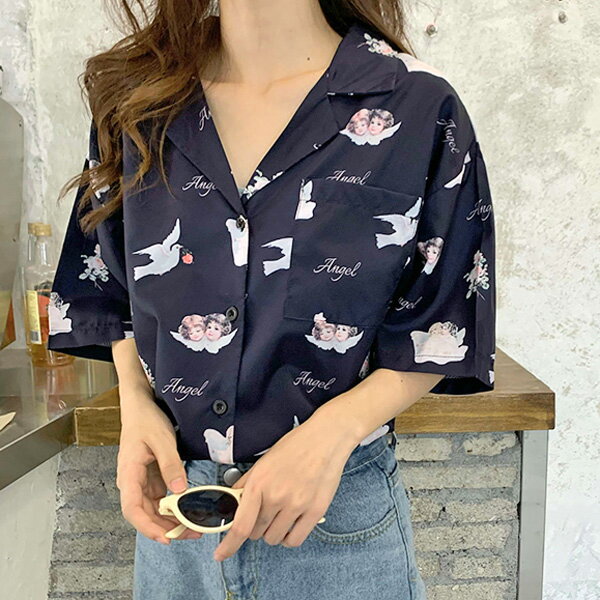 【即納あり】柄シャツ 半袖 総柄 エンジェル 天使 羽根 ネイビー ゆったり トップス ダンス 衣装 ヒップホップ コスチューム 韓国ファッション 大きいサイズ 個性的 服 原宿系