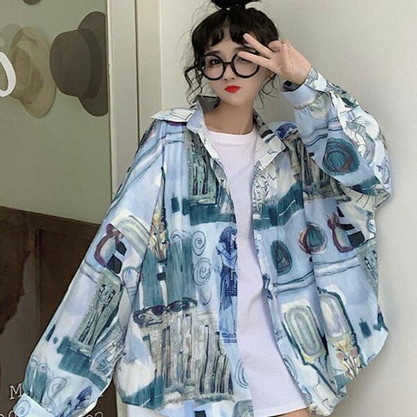 柄シャツ アート エジプト 壁画 総柄 ブルー 長袖 ビッグシルエット トップス ダンス 衣装 ヒップホップ コスチューム 韓国ファッション 大きいサイズ 個性的 服 decorative-10008001 サスガヤSHOP旧ダンスDecorative サンプル画像2