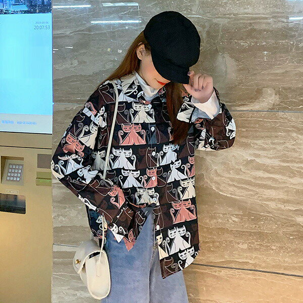 ファッション レディース トレンド ゆったり 大きめ オーバーサイズ 店舗良い カジュアル ポップ かわいい レトロ ピンク ブラック 柄シャツ ネコ 猫 総柄 原宿系 長袖 服 ダンス コスチューム 大きいサイズ トップス プリント カラフル ヒップホップ イラスト 個性的