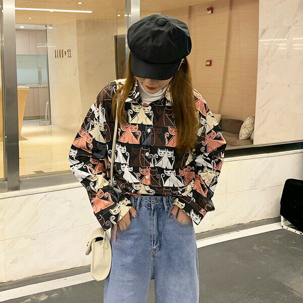 ファッション レディース トレンド ゆったり 大きめ オーバーサイズ カジュアル ポップ かわいい レトロ ピンク ブラック 柄シャツ ネコ 猫 服 保障できる 長袖 カラフル コスチューム 原宿系 大きいサイズ ダンス ヒップホップ 個性的 韓国ファッション トップス