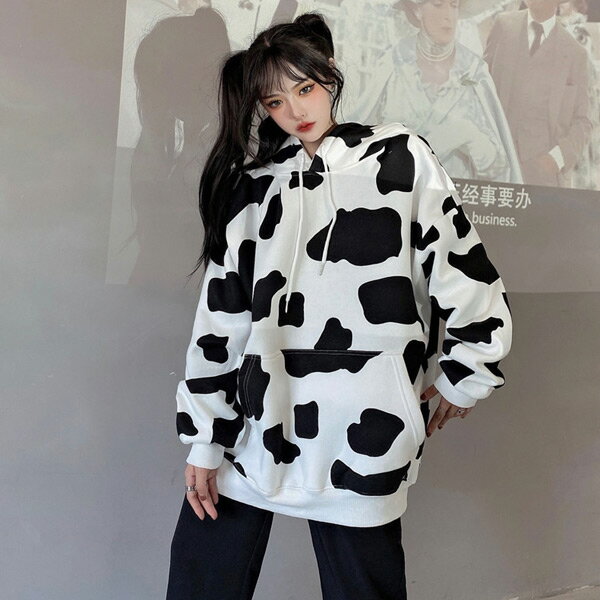 パーカー フーディー 牛柄 白黒 長袖 ロゴワッペン付き トップス ダンス 衣装 ヒップホップ コスチューム 韓国ファッション 大きいサイズ 個性的 服 原宿系