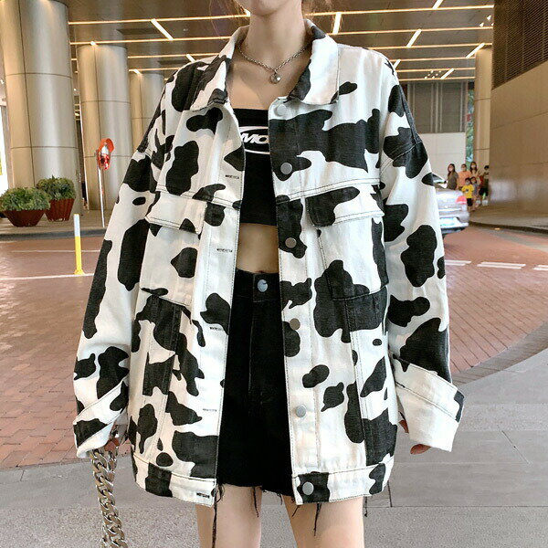 【即納あり】デニムジャケット 牛柄 COW柄 ビッグサイズ 白 黒 アウター ダンス 衣装 ヒップホップ コスチューム 韓国ファッション 大きいサイズ 個性的 服 原宿系