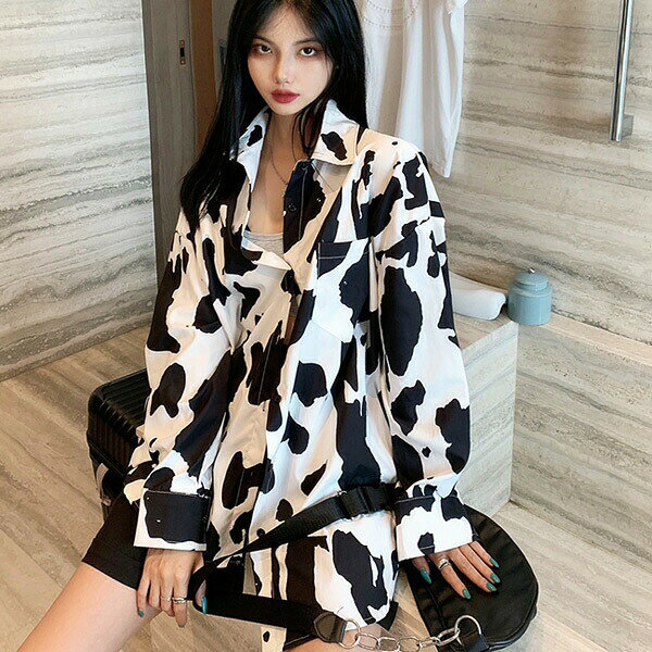 柄シャツ COW柄 ビッグシルエット モノトーン 総柄プリント 長袖 トップス ダンス 衣装 ヒップホップ コスチューム 韓国ファッション 大きいサイズ 個性的 服 原宿系 decorative-10008225 サスガヤSHOP旧ダンスDecorative サンプル画像2