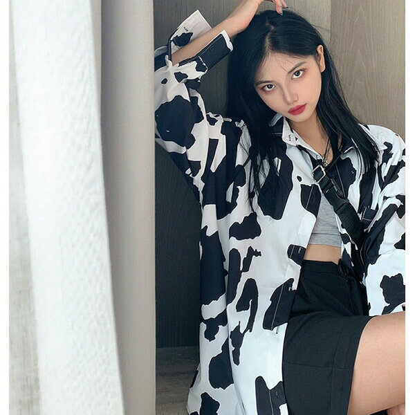 柄シャツ COW柄 ビッグシルエット モノトーン 総柄プリント 長袖 トップス ダンス 衣装 ヒップホップ コスチューム 韓国ファッション 大きいサイズ 個性的 服 原宿系 decorative-10008225 サスガヤSHOP旧ダンスDecorative サンプル画像3