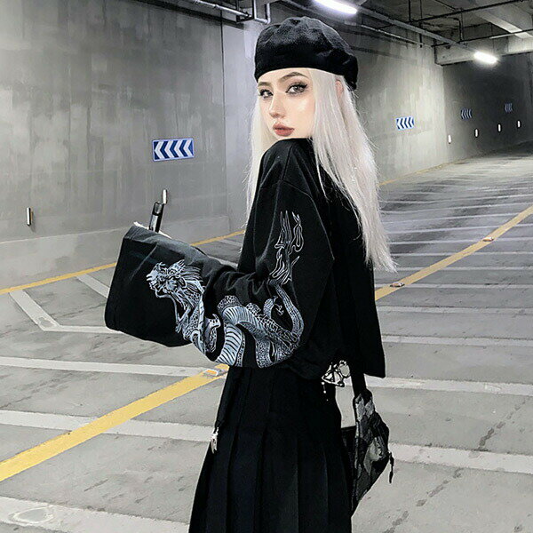 ファッション レディース トレンド カジュアル ストリート系 セクシー クルーネック ゆったり オーバーサイズ ミニ丈 カットソー 竜 ブラック トップス ロンt ヒップホップ ロンティー ショート丈 黒 ドラゴンスリーブ 40 Offの激安セール 大きいサイズ 個性的 ダンス 龍