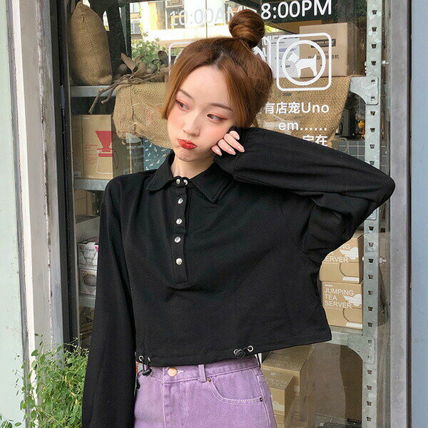 【即納あり】 ポロシャツ 長袖 ショート丈 裾ドロスト ブラック 無地 カットソー ダンス 衣装 ヒップホップ コスチューム 韓国ファッション 大きいサイズ 個性的 服 原宿系