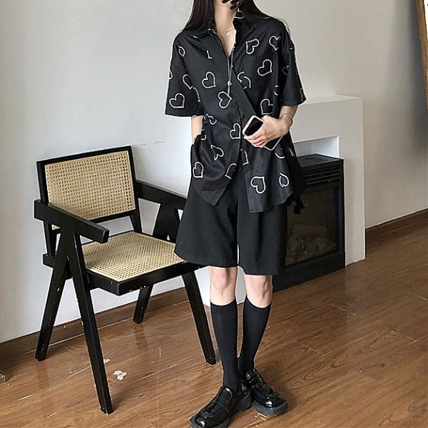 柄シャツ シンプルハートのビッグシルエット半袖シャツ ダンス 衣装 ヒップホップ コスチューム 韓国ファッション 大きいサイズ 個性的 服 原宿系