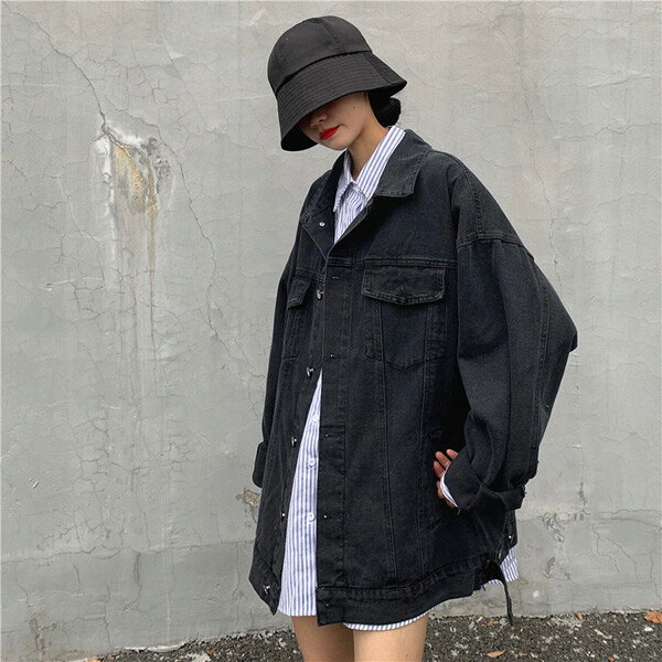 【即納あり】 デニムジャケット バックプリント ブラック コイン オーバーサイズ 長袖 ダンス 衣装 ヒップホップ コスチューム 韓国ファッション 大きいサイズ 個性的 服