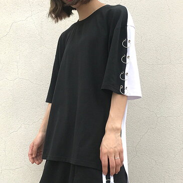 【訳あり品】前後シロクロカラーがカワイイ!リング付きビッグシルエット半袖カットソートップス 原宿系 ファッション レディース ゆめかわいい 服 奇抜 派手 個性的 ダンス 衣装 コスチューム ヒップホップ 韓国 大きいサイズ 180416