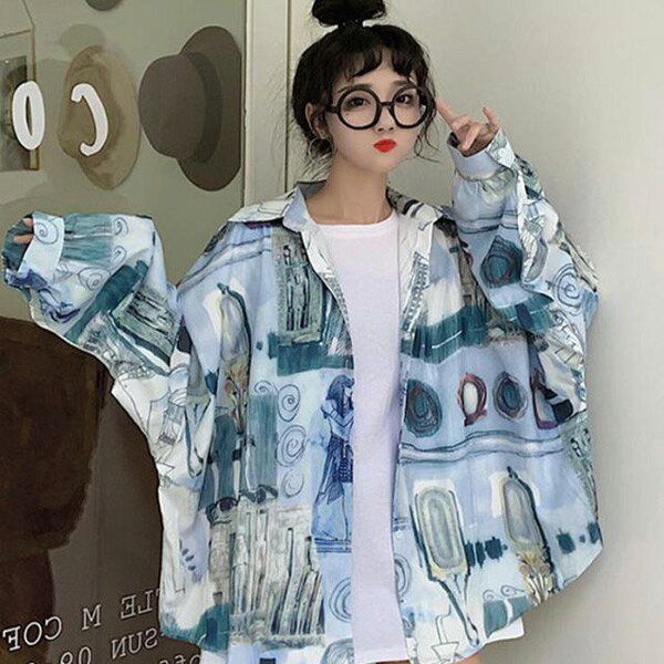 柄シャツ アート エジプト 壁画 総柄 青紫 長袖 ビッグシルエット トップス ダンス 衣装 ヒップホップ コスチューム 韓国ファッション 大きいサイズ 個性的 服 decorative-10011139 サスガヤSHOP旧ダンスDecorative サンプル画像2