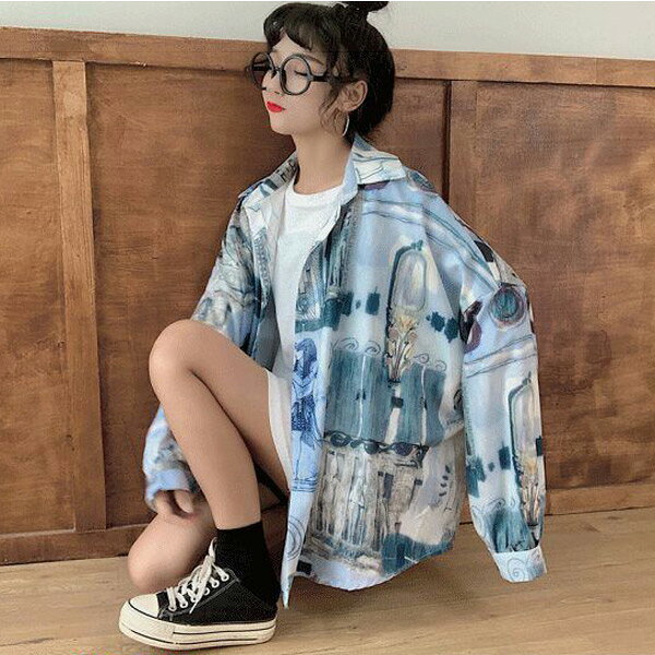 柄シャツ アート エジプト 壁画 総柄 青紫 長袖 ビッグシルエット トップス ダンス 衣装 ヒップホップ コスチューム 韓国ファッション 大きいサイズ 個性的 服 decorative-10011139 サスガヤSHOP旧ダンスDecorative サンプル画像3